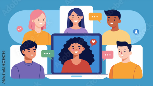 A group video call a friends each taking turns sharing their personal experiences with anxiety and offering words of encouragement to one another.. Vector illustration