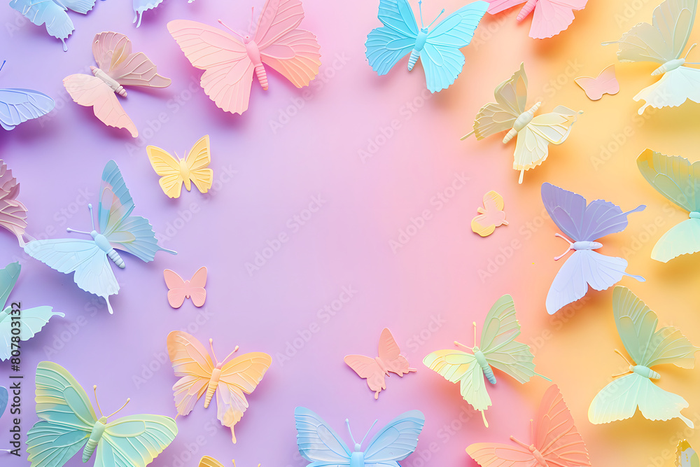 紙の蝶が散りばめられ、中央がコピーライトスペースのパステルカラーの背景画像