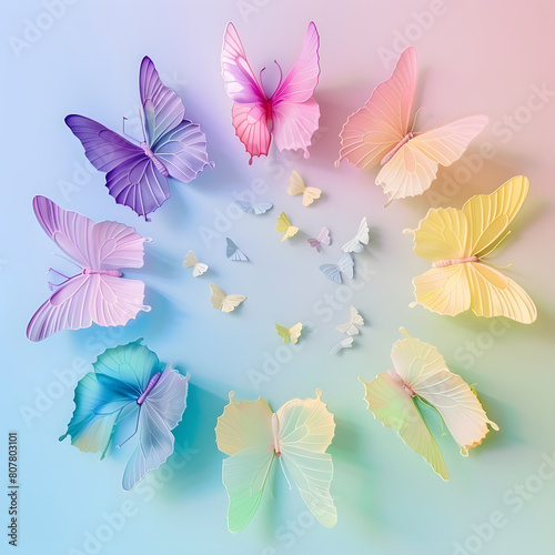 紙の蝶が散りばめられ、中央がコピーライトスペースのパステルカラーの背景画像 © dadakko