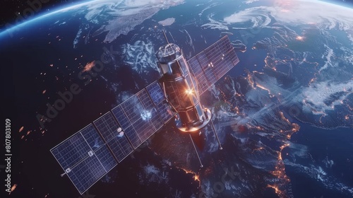 A high-altitude satellite orbits above Earth at night, its solar panels catching the sunlight as city lights twinkle below, showcasing global connectivity. photo