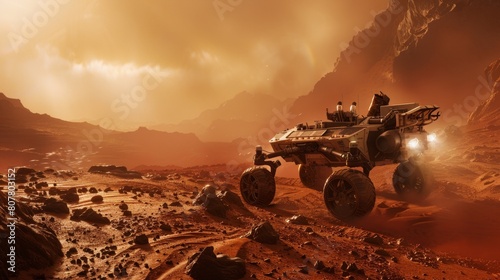 Wallpaper Mural A Mars rover maneuvers through a rocky Martian landscape, bathed in the golden glow of the planet's atmosphere, showcasing the challenges of extraterrestrial navigation. Torontodigital.ca