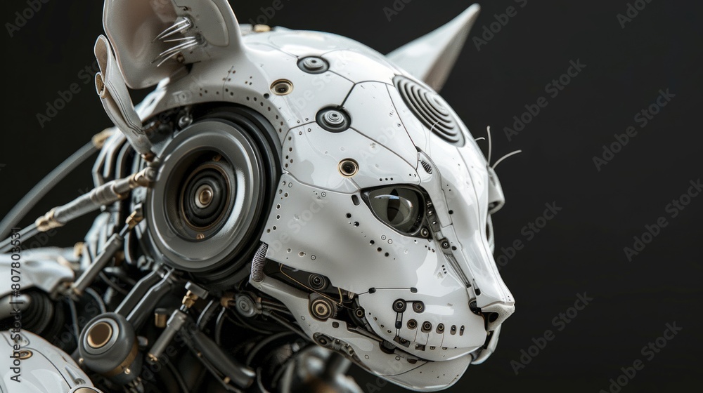 Fototapeta premium Close up of cat robot head on dark background. futuristic AI robot