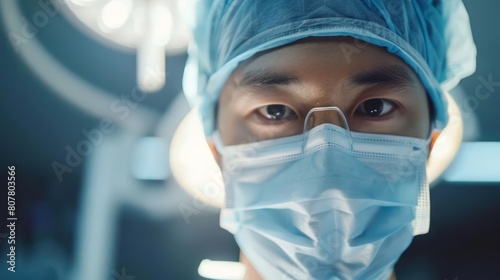 An Asian doctor wearing a mask and gloves while performing a medical procedure or surgery in an operating room. 