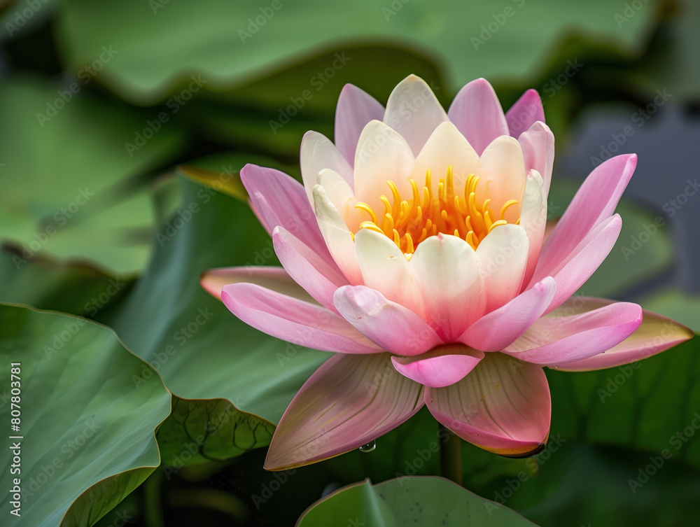Gorgeous pink lotus flower with yellow center on a vibrant green background. Perfect for mobile wallpaper, screensaver, lock screen or background.