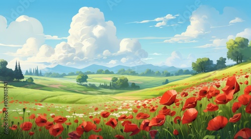 poppies field in a green meadow with blue sky   scenic spring view