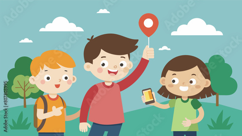 A little boy eagerly points ahead showing his siblings the live map on his GPS as they all follow the trail to their next geocache discovery.. Vector illustration