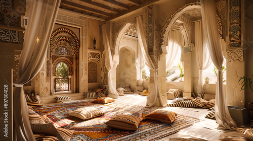 Historic Islamic Palace with Ornate Decorations and Courtyard, Traditional Moroccan Architecture