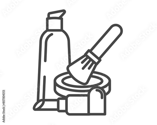 Makeup and cosmetics. Vector set of beauty graphic icons. Lipstick, powder, foundation, face brush.
