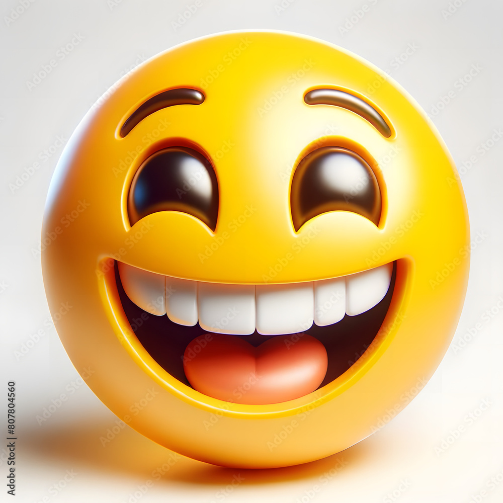 Un Emoji Jaune 3d avec un Grand Sourire, isolé sur fond blanc Un Emoji Jaune 3d avec un Grand Sourire, isolé sur fond blanc