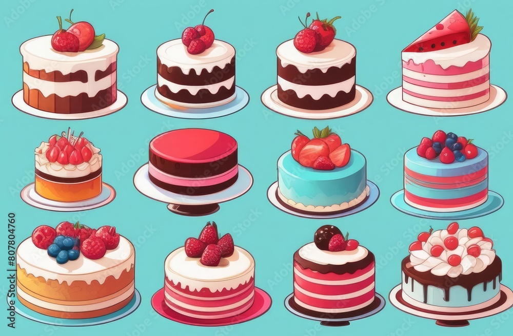 Set of cakes. Sweet food. Birthday or wedding baking isolated on blue background Set of cakes. Sweet food. Birthday or wedding baking isolated on blue background