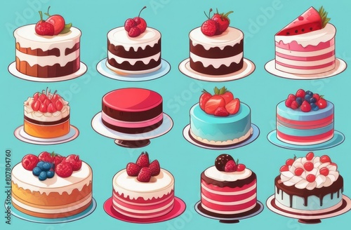 Set of cakes. Sweet food. Birthday or wedding baking isolated on blue background