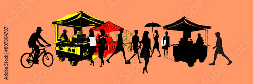 Vector illustration of street burger seller and pedestrians in the city