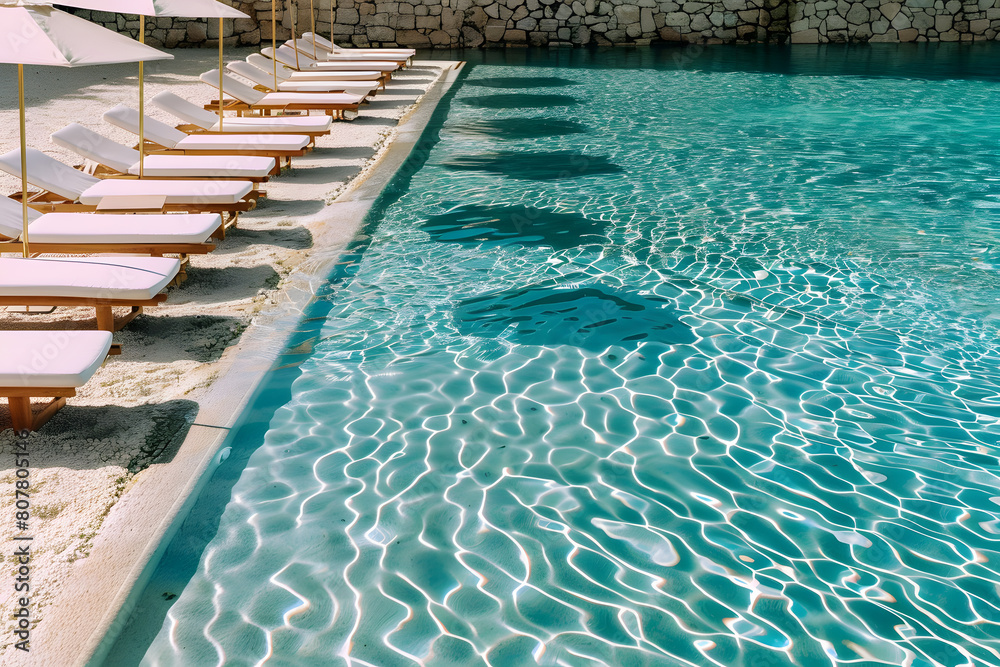 Obraz premium Swimming pool and sun loungers at stylish tropical spa hotel, summertime banner mockup. Summer travel sales and vacation concept.