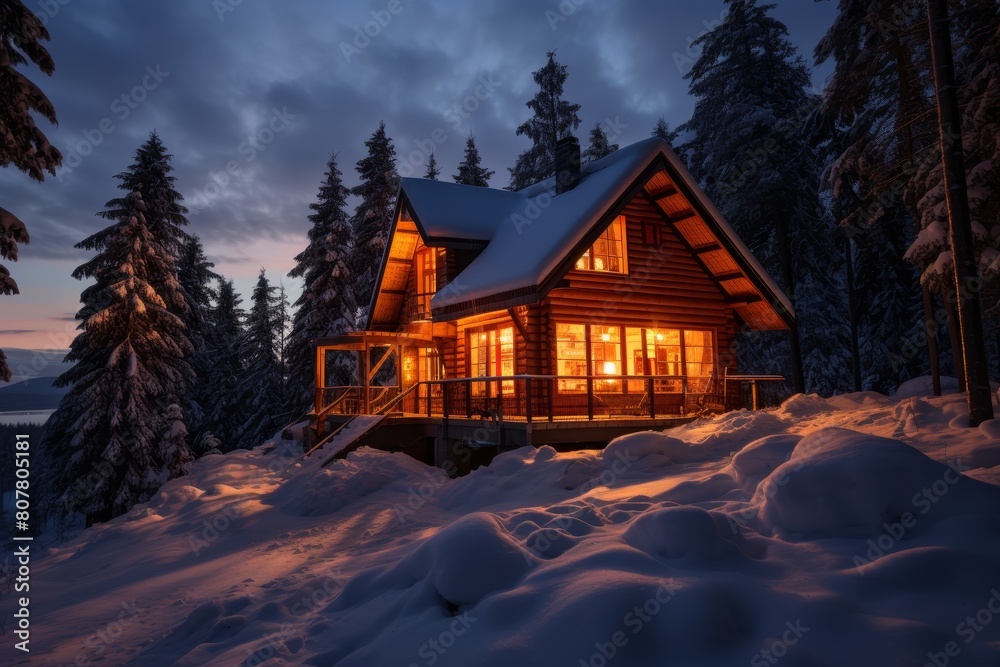 A Rustic Cabin in a Snow-Covered Forest Glowing with Warmth on a Winter's Evening