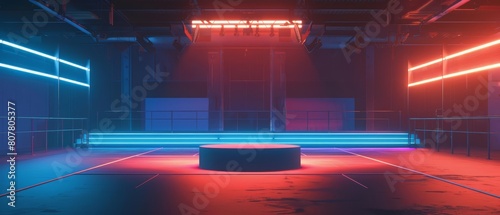 Solid HUD icon of sports gear highlighted on an empty studio with a podium  emphasizing athletic innovation in solid color  banner sharpen with copy space