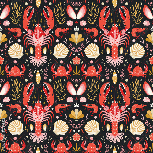 Lobsters and Crabs Damask Marine Pattern (ID: 807805502)
