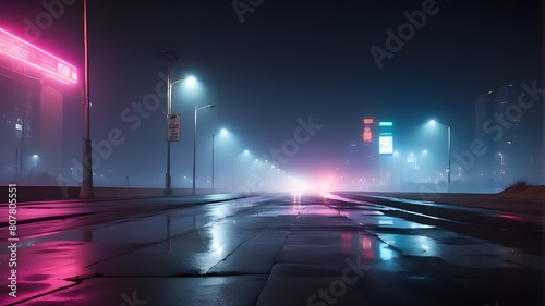 Searchlight, smoke, wet asphalt, and neon lights reflected in it. A smoke- and smog-filled, dark, desolate roadway with abstract light. Nighttime cityscape, deserted roadway, with night skyline in the © Ashan