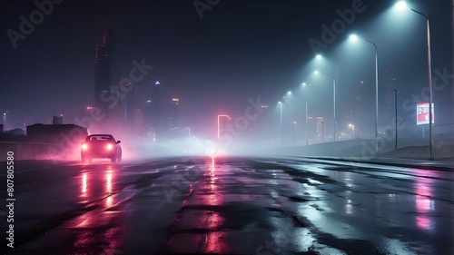 Searchlight  smoke  wet asphalt  and neon lights reflected in it. A smoke- and smog-filled  dark  desolate roadway with abstract light. Nighttime cityscape  deserted roadway  with night skyline in the