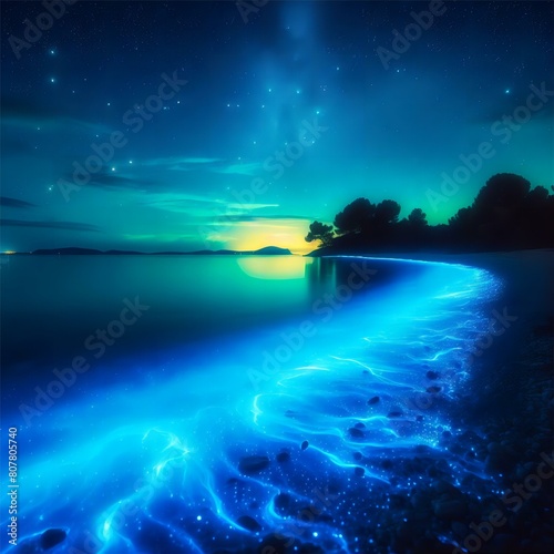 Water glows at night illuminating the shoreline