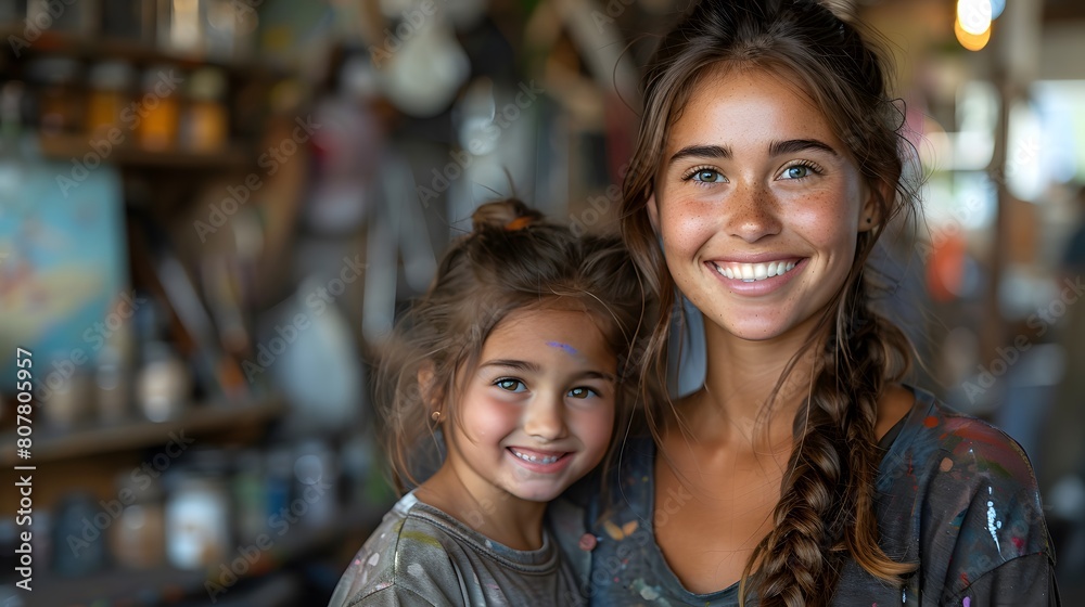 Mother and Daughter Smiling Together in an Art Studio
