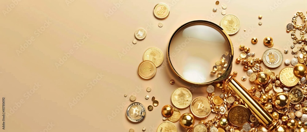 Fototapeta premium Detailed illustration of a magnifying glass hovering over scattered gold coins and jewelry