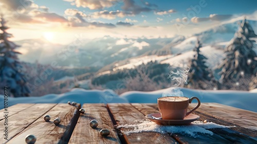 Cozy winter scene with a steaming cup of hot coffee on a rustic wooden table, overlooking a snowy mountain view, perfect for seasonal beverage ads © reels