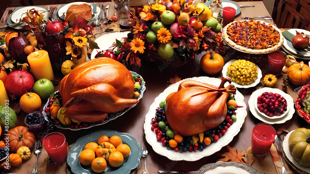 Thanksgiving Delight: Basking in the Warmth of Gratitude with a Colorful and Cool Spread of Foods, Fresh Fruits, and a Welcoming Table Deco Thanksgiving Delight: Basking in the Warmth of Gratitude with a Colorful and Cool Spread of Foods, Fresh Fruits, and a Welcoming Table Deco