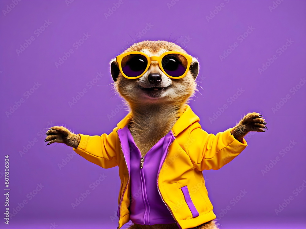 Fototapeta premium funny meerkat dancing with sunglasses with purple background generative AI