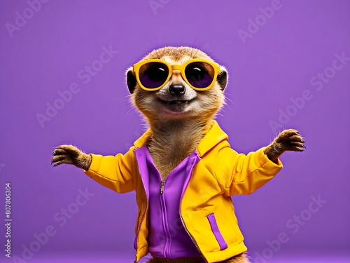 funny meerkat dancing with sunglasses with purple background generative AI