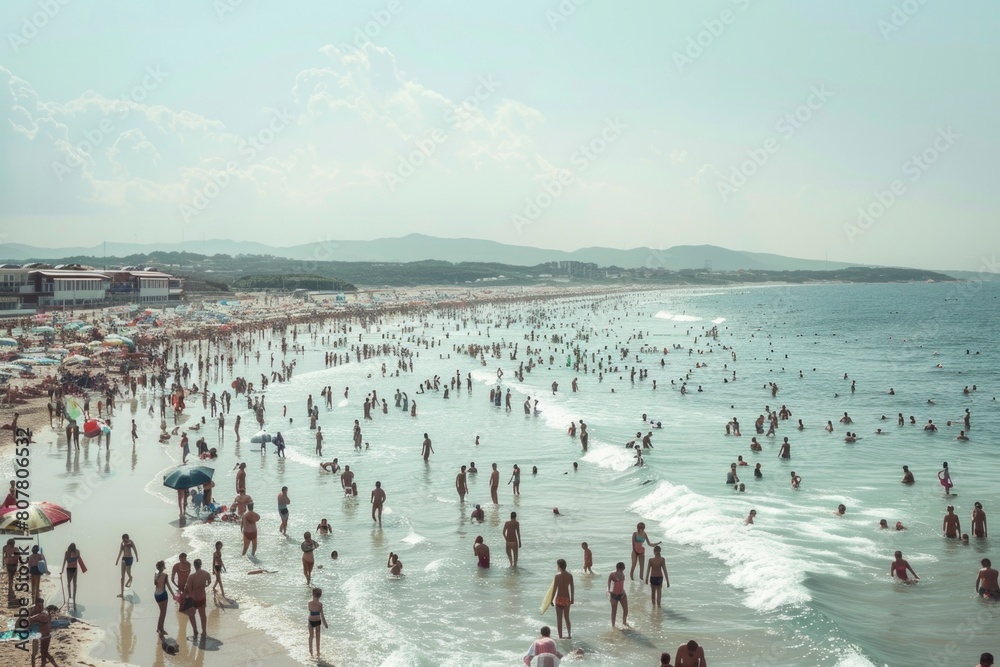 Fototapeta premium Crowded Summer Beach Day with Happy Vacationers Enjoying the Sun and Sea