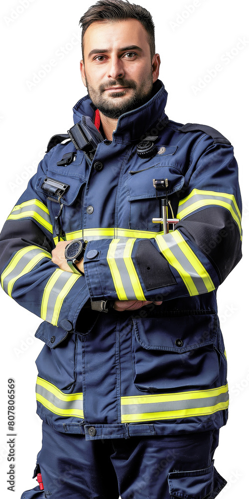 Firefighter in protective gear standing with arms crossed Firefighter in protective gear standing with arms crossed