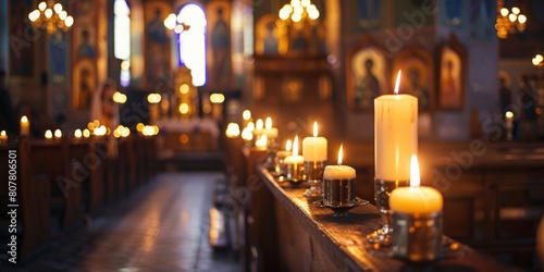 Tranquil Church Interior with Glowing Candles and Stained Glass Windows