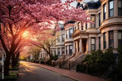 A Vintage City Townhouse Surrounded by Blooming Cherry Trees Under a Soft Evening Sky