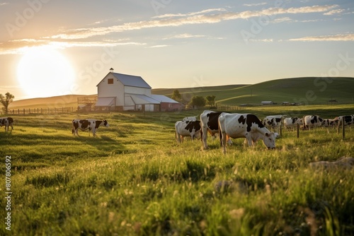 Traditional Dairy Farm on a Lush Hillside with Cows Enjoying the Pasture at Sunset
