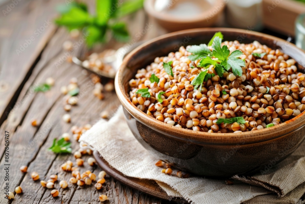 Rustic Bowl of Cooked Sorghum Grain with Fresh Herbs on Wooden Table Rustic Bowl of Cooked Sorghum Grain with Fresh Herbs on Wooden Table