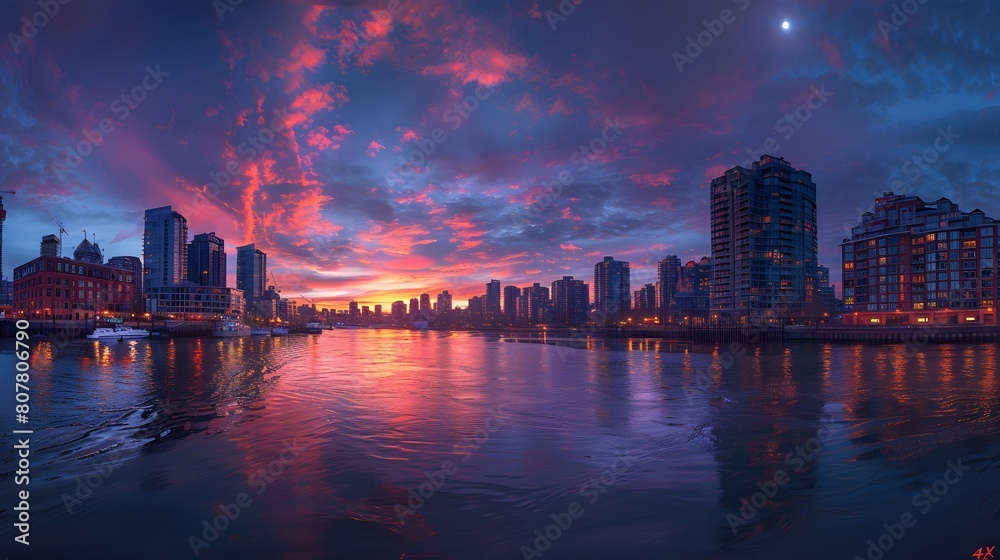 Fototapeta premium City Skyline at Sunset with Reflections on the River