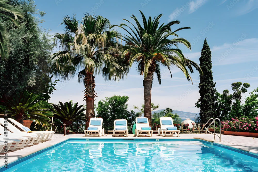 Swimming pool and sun loungers at stylish tropical spa hotel, summertime banner mockup. Summer travel sales and vacation concept.