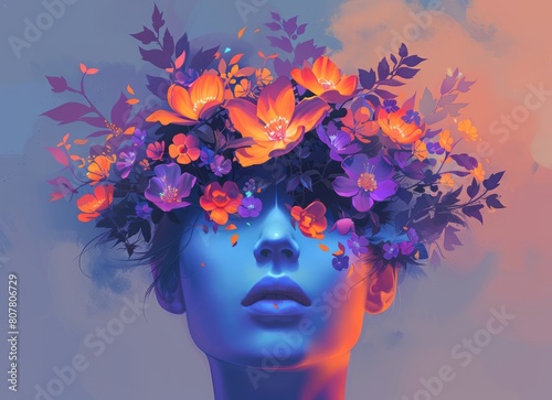Mental health illustrations , happiness, harmony creative abstract concept. self care idea. Happy woman head with flowers inside. Mindfulness, positive thinking