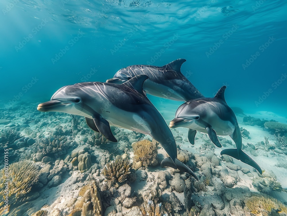 Fototapeta premium Dolphins swimming underwater in ocean during summer in a beautiful submarine landscape view