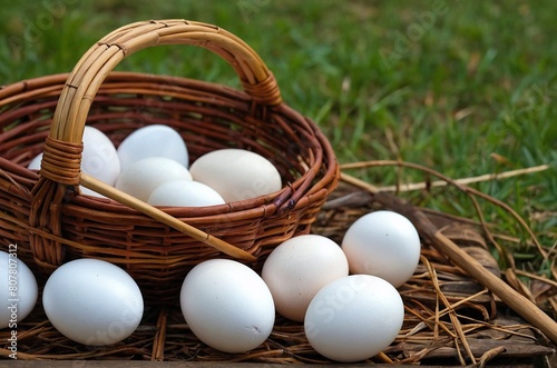 Arrange chicken eggs put together in a cane basket