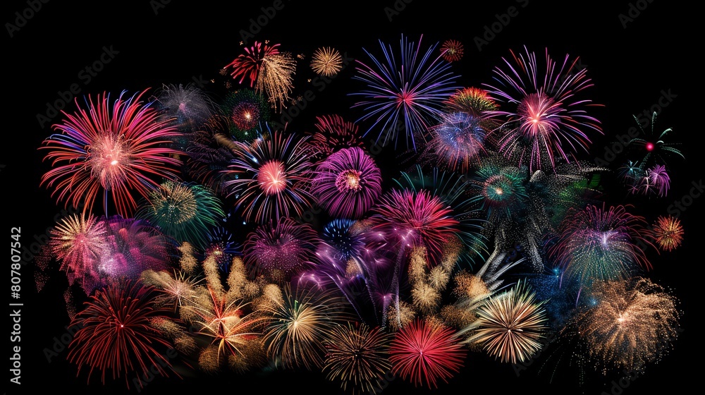 A breathtaking display of multicolored fireworks exploding in a deep black sky, vivid colors contrast starkly