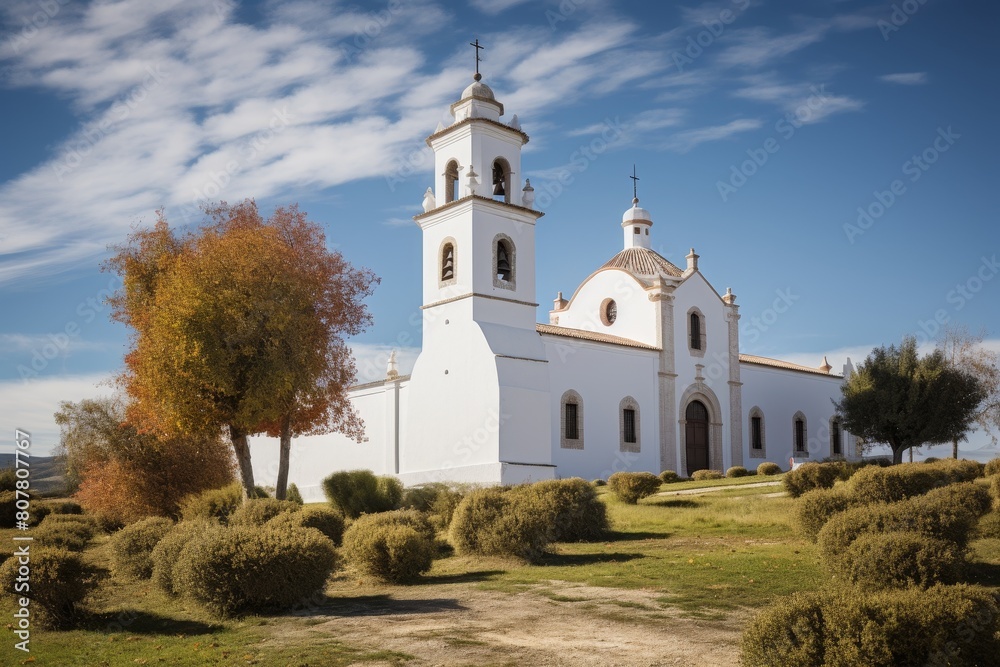 A Quaint White-Washed Church with a Majestic Steeple Surrounded by Lush Greenery A Quaint White-Washed Church with a Majestic Steeple Surrounded by Lush Greenery