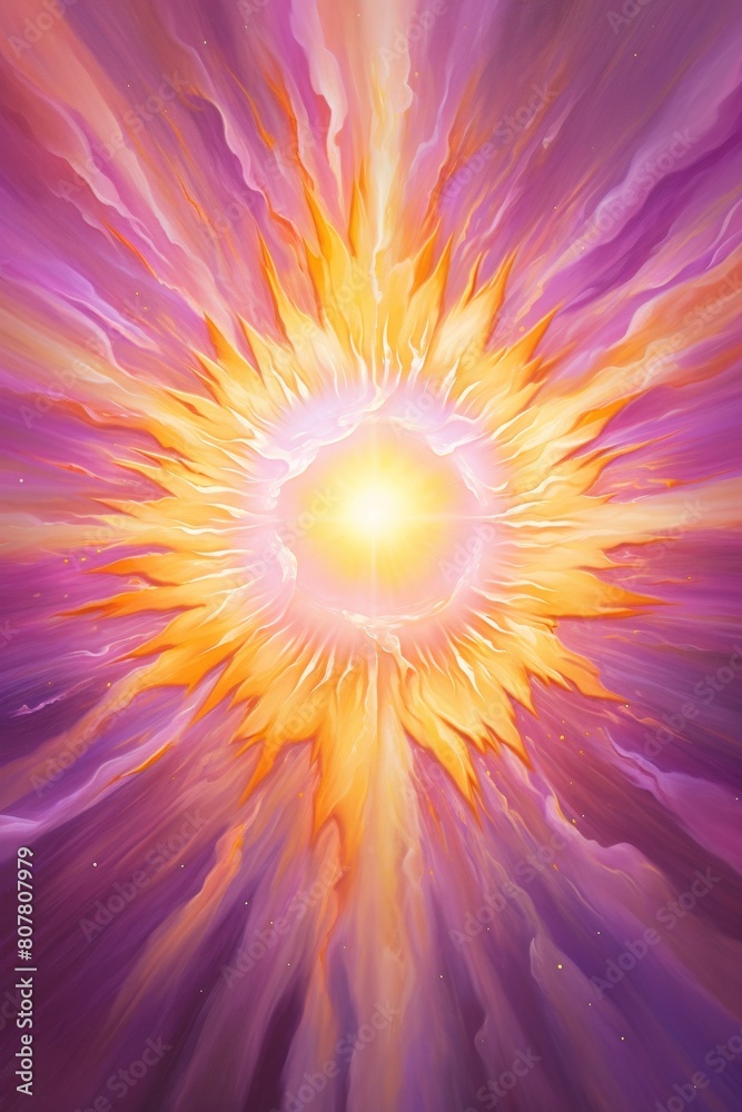 Obraz premium Vibrant cosmic burst in vivid purple and orange hues, vertical illustration
