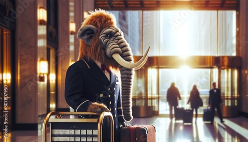 A mammoth in a bellhop uniform stands in a hotel lobby. photo