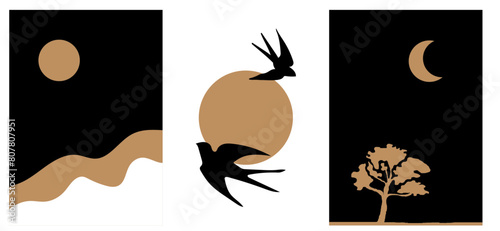 
a collection of modern simple abstract posters in boho style with minimalist night and day landscapes on white and black backgrounds