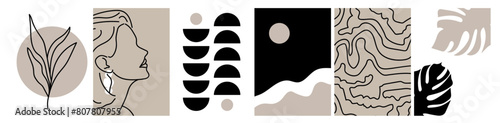 a collection of modern simple abstract posters in the Bauhaus and boho style with a silhouette of a woman, monstera leaves, geometric shapes and a minimalistic night landscape in the background