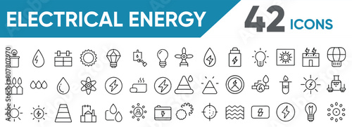 Set of 42 line icons related to energy, electrical energy, electricity. Outline icon collection. Vector illustration. Editable stroke