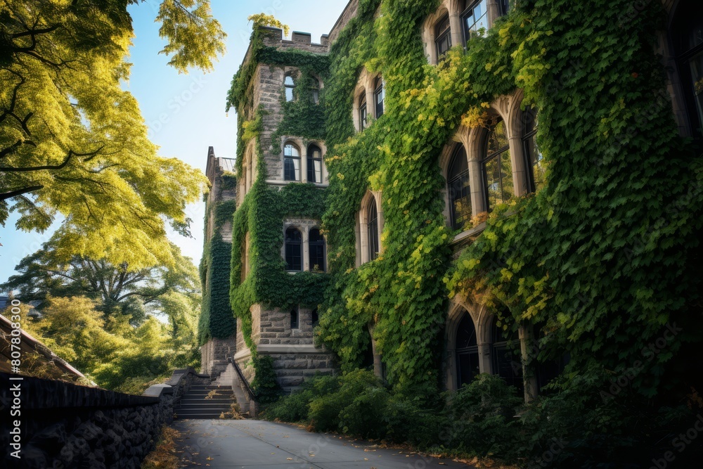 The captivating charm of a historic university campus building blanketed by vibrant ivy
