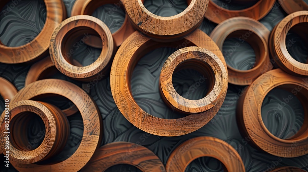 Wooden rings on a black background. 3d rendering, 3d illustration.