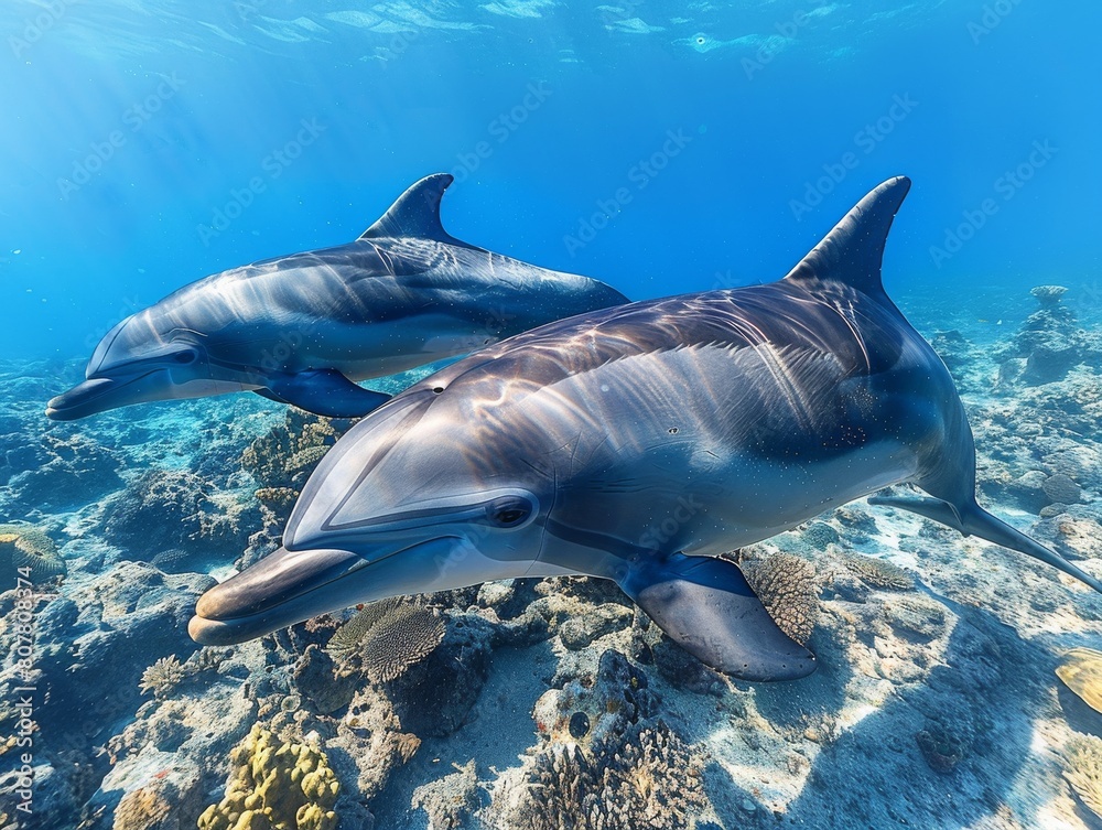 Fototapeta premium Dolphins swimming underwater in ocean during summer in a beautiful submarine landscape view